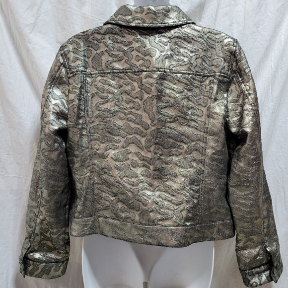 Chicos Jacket Women Sz 1 M Lightweight Metallic Denim Jacquard Silver NWT - Picture 3 of 5